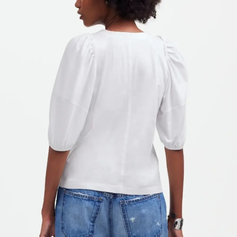 Madewell Puff-Sleeve Tee WMNS XS White Crew Neck Cotton Relaxed Fit Ruffle Trim